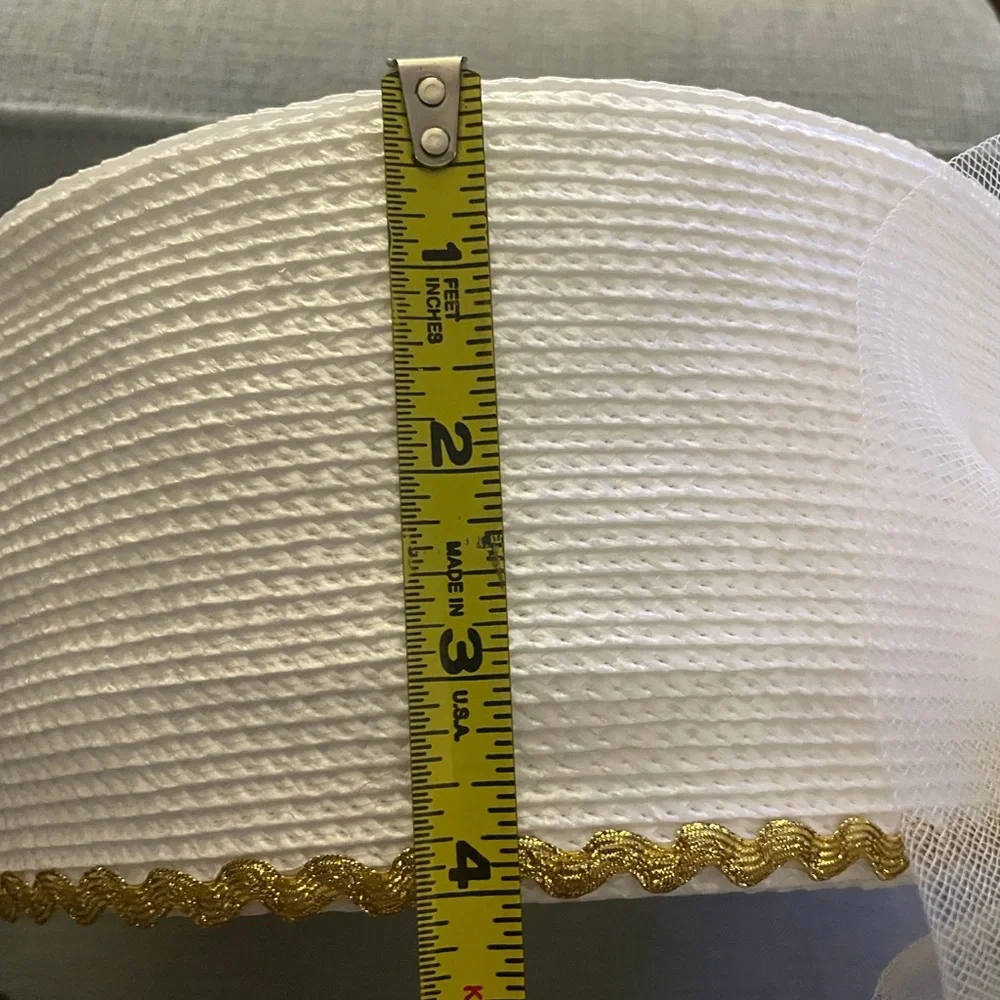 Hat Women's White Pillbox gold trim Large Mesh Bow church hat